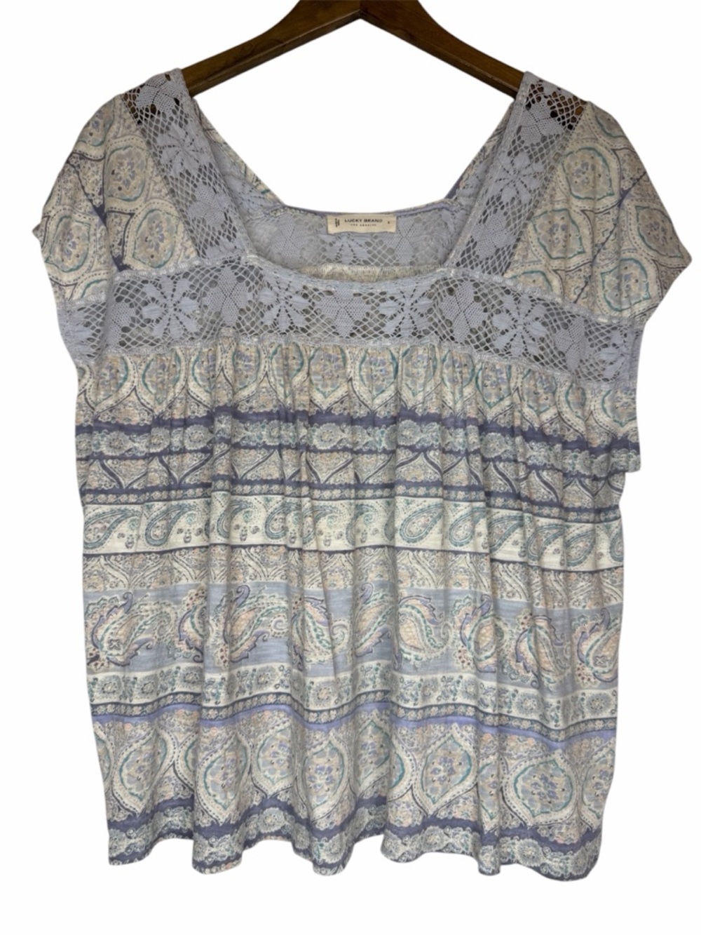 Lucky Brand Square Neck Printed Beach Tee size Small Blue Paisley Floral Boho